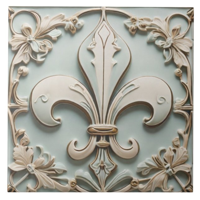 Azulejo Fleur de Lis Antique Pastel Light Mint Faux Relief (Frente)