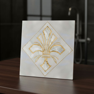 Azulejo Fleur-de-lis Art Deco - perla y oro