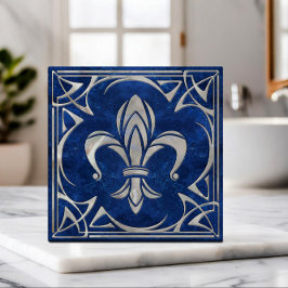 Azulejo Fleur-De-Lis - Art Nouveau - Mármol azul y perlas