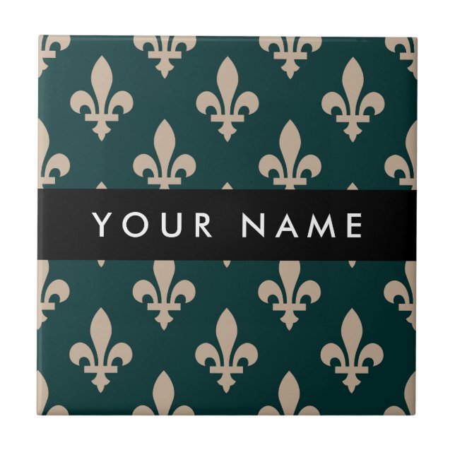 Azulejo Fleur de Lis, Beige on Green, Royal, Your Name (Frente)