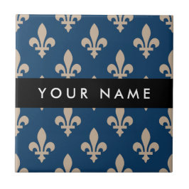 Azulejo Fleur de Lis, Beige on Navy Blue, Royal, Your Name