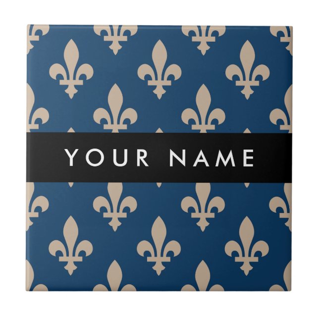 Azulejo Fleur de Lis, Beige on Navy Blue, Royal, Your Name (Frente)