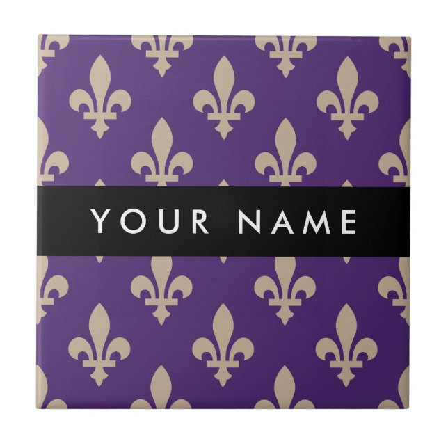 Azulejo Fleur de Lis, Beige on Purple, Royal, Your Name (Frente)