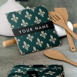 Azulejo Fleur de Lis, beige sobre verde, real, tu nombre