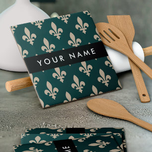 Azulejo Fleur de Lis, beige sobre verde, real, tu nombre