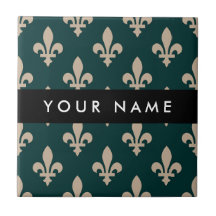 Fleur de Lis, beige sobre verde, real, tu nombre
