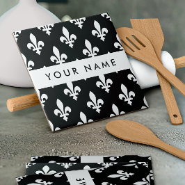 Azulejo Fleur de Lis, Blanco sobre Negro, Blanco, Tu Nombr