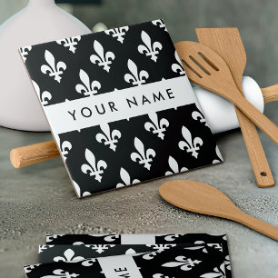 Azulejo Fleur de Lis, Blanco sobre Negro, Blanco, Tu Nombr