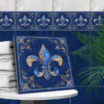 Azulejo Fleur-de-lis de lujo: mármol azul y oro<br><div class="desc">Fleur-de-lis de lujo: mármol azul y oro</div>