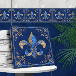 Azulejo Fleur-de-lis de lujo: mármol azul y oro