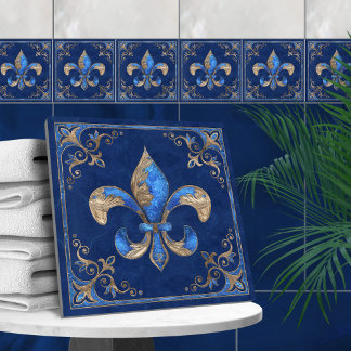 Azulejo Fleur-de-lis de lujo: mármol azul y oro