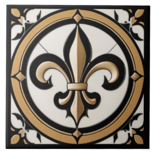 Azulejo Fleur de Lis Faux Antiguo Oro Blanco Negro