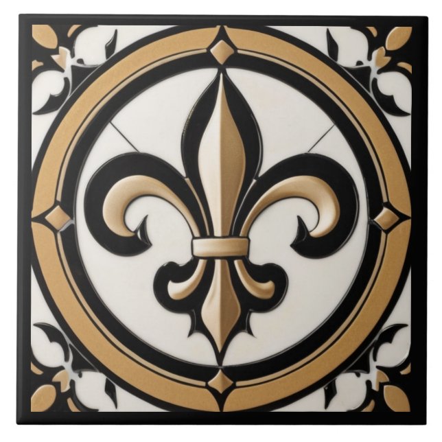 Azulejo Fleur de Lis Faux Antiguo Oro Blanco Negro (Frente)
