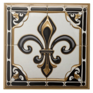 Azulejo Fleur de Lis Faux Relief Black White and Gold