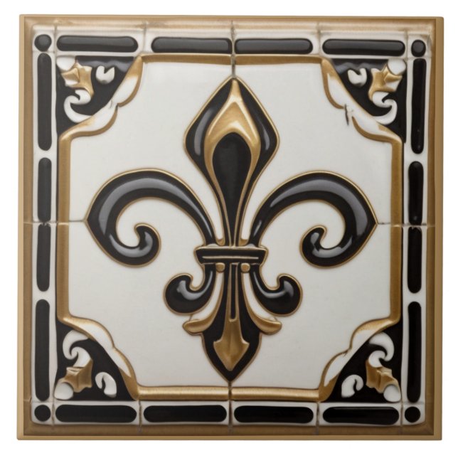 Azulejo Fleur de Lis Faux Relief Black White and Gold (Frente)