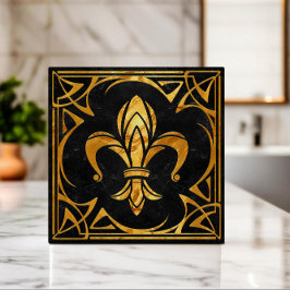 Azulejo Fleur-De-Lis - Mármol negro y oro Art Nouveau