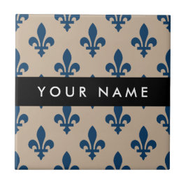 Azulejo Fleur de Lis, Navy Blue on Beige, Royal, Your Name