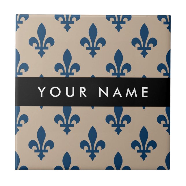 Azulejo Fleur de Lis, Navy Blue on Beige, Royal, Your Name (Frente)