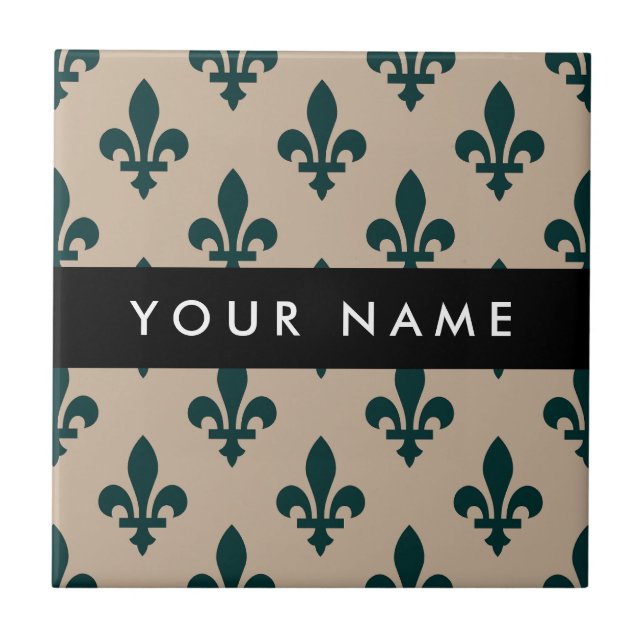 Azulejo Fleur de Lis, Verde sobre Beige, Real, Tu Nombre (Frente)