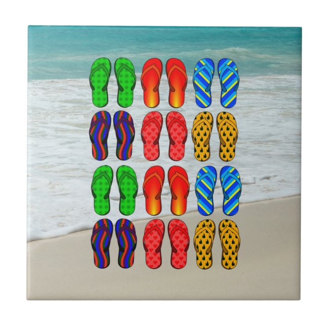 Azulejo Flip-flops de playa, diversión de vacaciones (Frente)