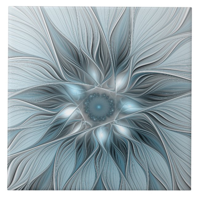 Azulejo Flor abstracta alegre azul gris fractal floral (Frente)