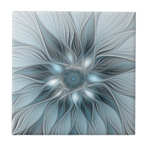 Azulejo Flor abstracta alegre azul gris fractal floral