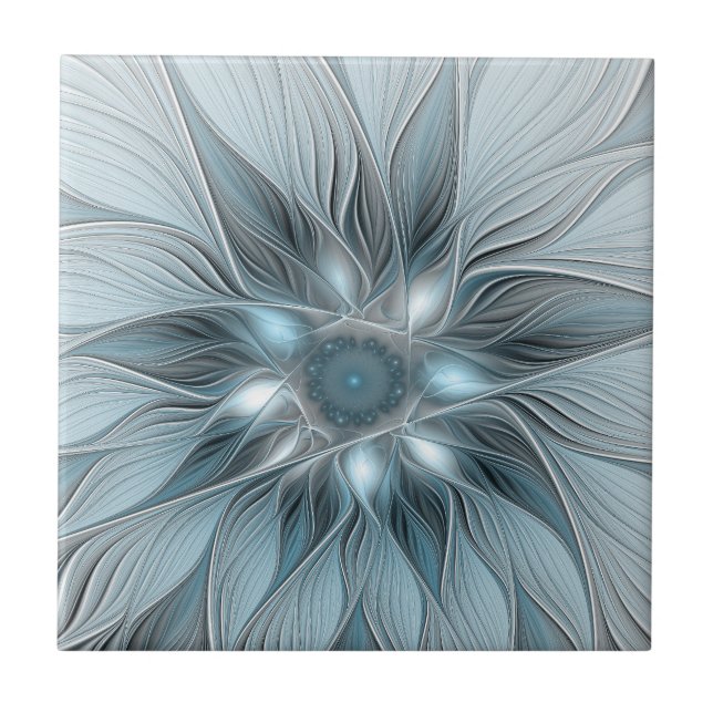Azulejo Flor abstracta alegre azul gris fractal floral (Frente)