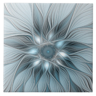 Azulejo Flor abstracta alegre azul gris fractal floral
