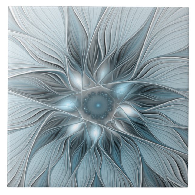 Azulejo Flor abstracta alegre azul gris fractal floral (Frente)