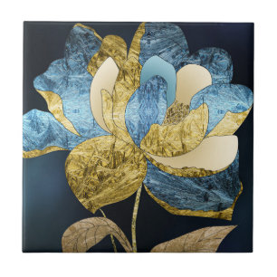 Azulejo Flor abstracta azul y dorada con mantos texturados