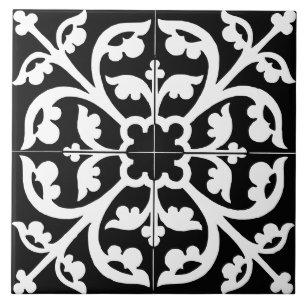 Azulejo Flor abstracta de flor de trébol negro y blanco