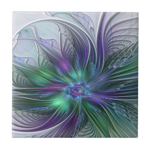 Azulejo Flor Abstracta Moderna Fractal Verde Púrpura