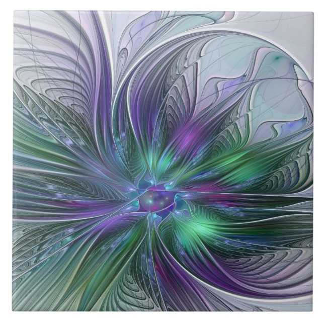 Azulejo Flor Abstracta Moderna Fractal Verde Púrpura (Frente)