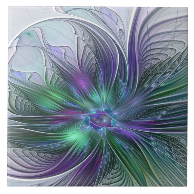 Azulejo Flor Abstracta Moderna Fractal Verde Púrpura (Frente)