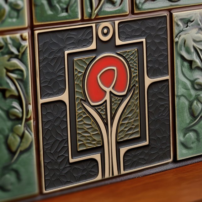 Azulejo Flor abstrata negra y roja a mediados del siglo (Subido por el creador)