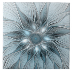Azulejo Flor alegre Abstracto Floral Gris azul Fractal