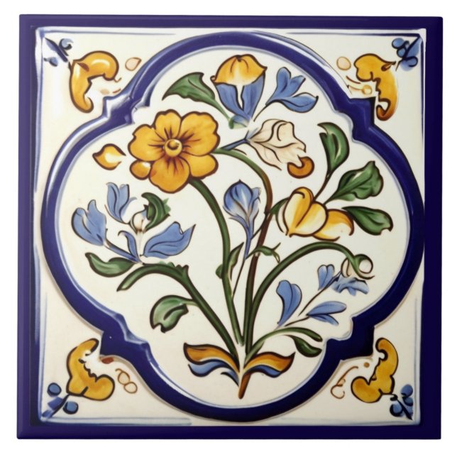 Azulejo Flor amarilla clásica flor azul (Frente)