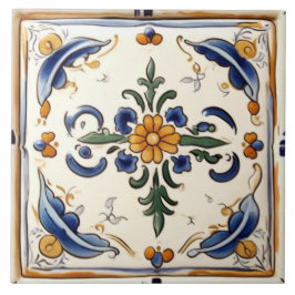 Azulejo Flor Amarilla Mediterráneo Azul Crema Flor
