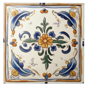 Azulejo Flor Amarilla Mediterráneo Azul Crema Flor