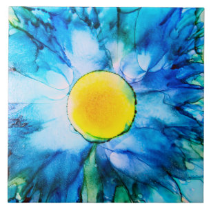 Azulejo Flor azul en tinta de alcohol