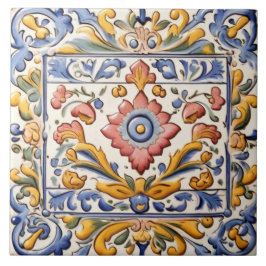 Azulejo Flor azul naranja rosa amarilla Ornate