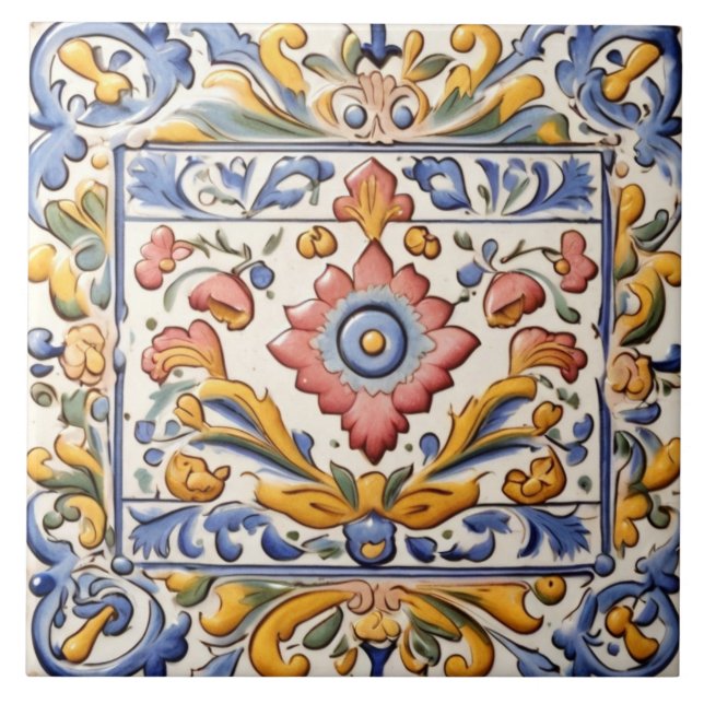 Azulejo Flor azul naranja rosa amarilla Ornate (Frente)