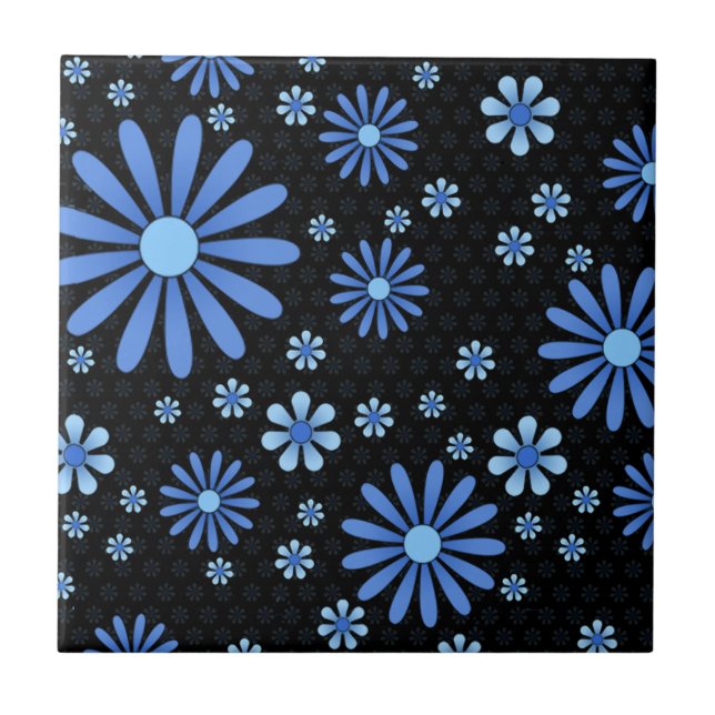 Azulejo Flor azul y negra Flor Retro Floral (Frente)