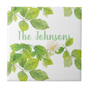 Azulejo Flor blanca y jardín de hojas verdes