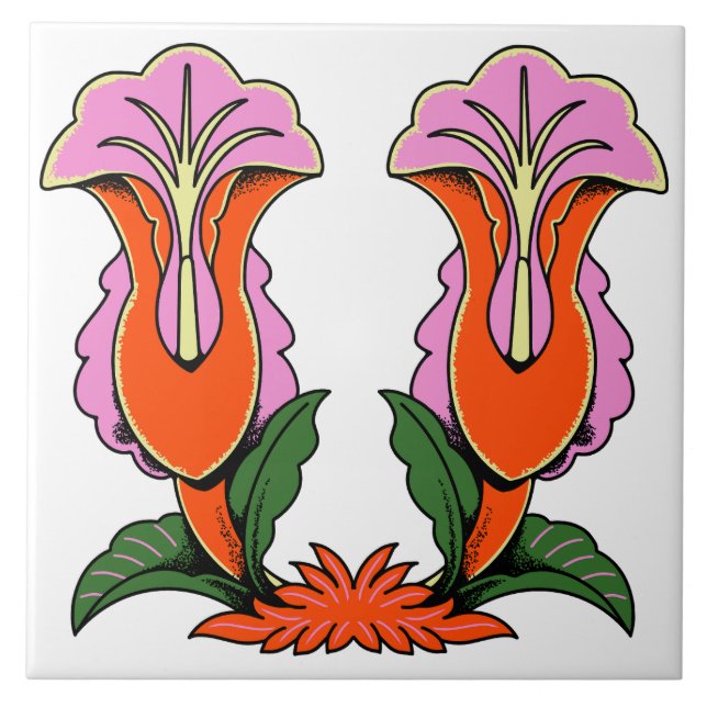 Azulejo Flor Botánica Estilizada de Lirio Retro (Frente)