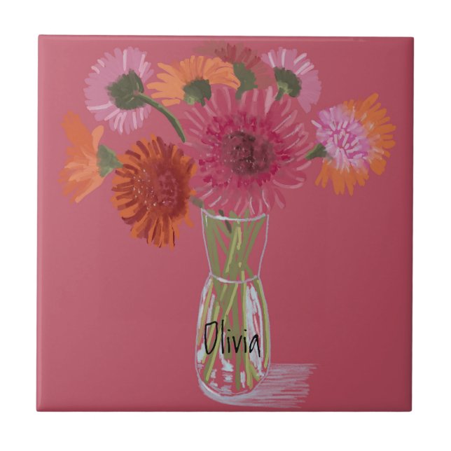 Azulejo Flor colorida de Arty Gerbera +Nombre personalizad (Frente)
