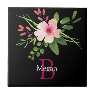 Azulejo Flor de Acuarela, Nombre y Monograma en Negro