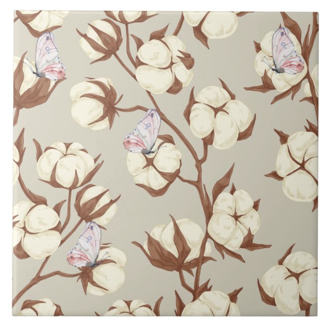 Azulejo Flor de algodón y mariposas pastel Botánica  (Frente)