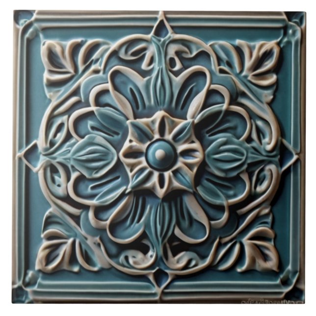 Azulejo Flor de alivio Verde azulada de imitación turquesa (Frente)