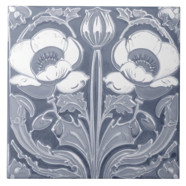 Azulejo Flor de amapola azul y blanca Deco Art Nouveau (Frente)